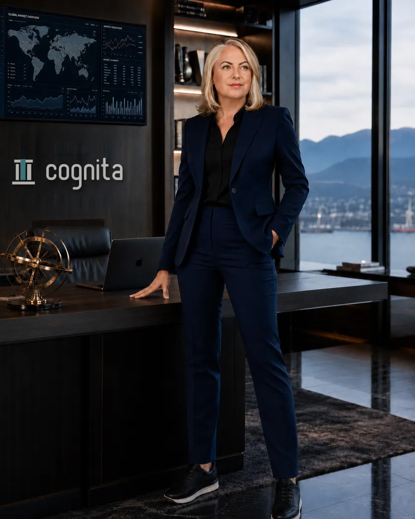 Rachael Babcock, Founder and Global CEO, standing before the Cognita wall sign