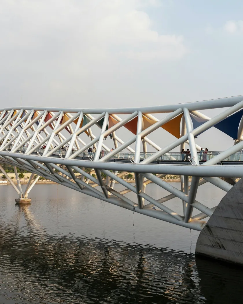A complete modern bridge, end to end, over water