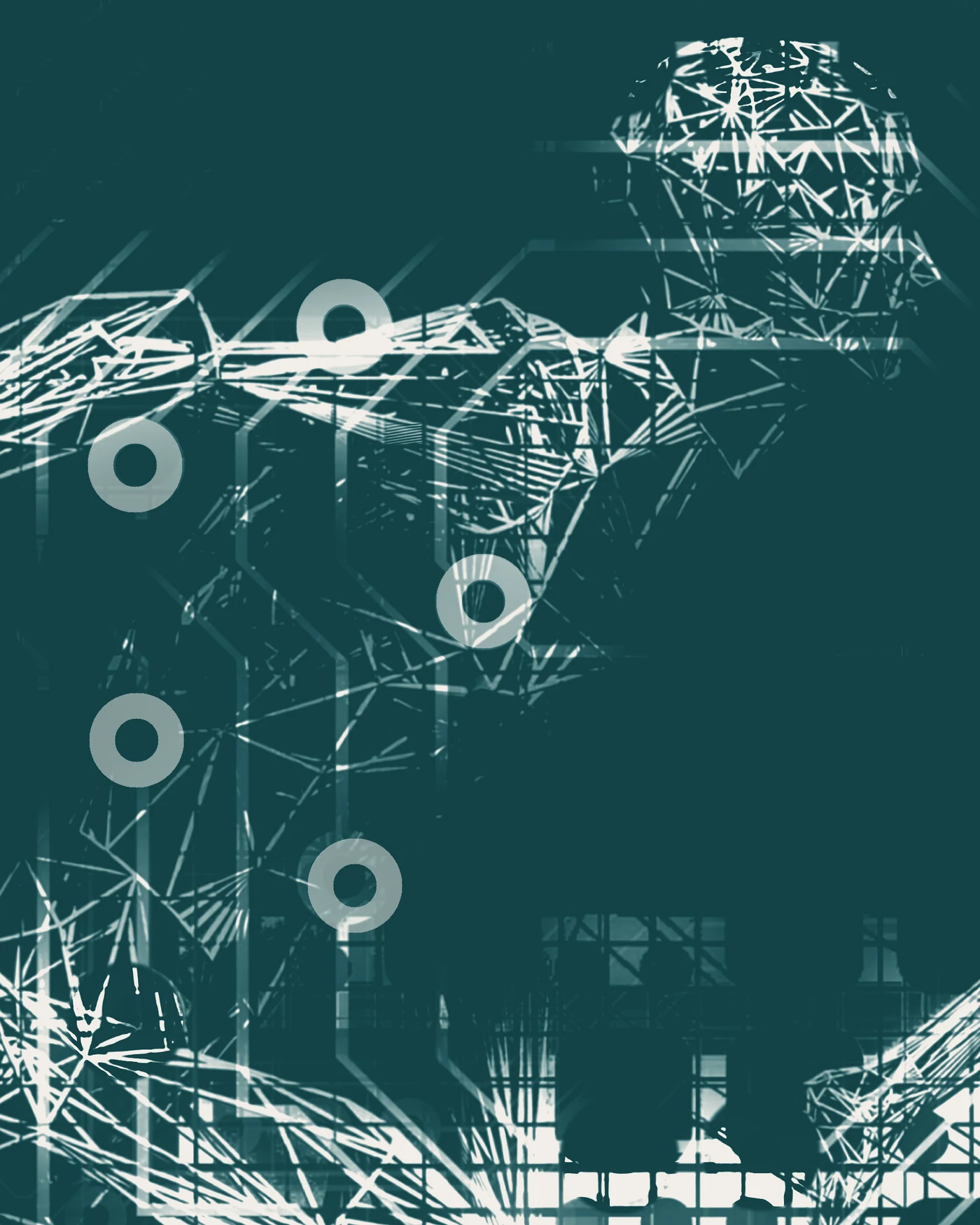 A figure leaning forward in motion inside an engineered framework